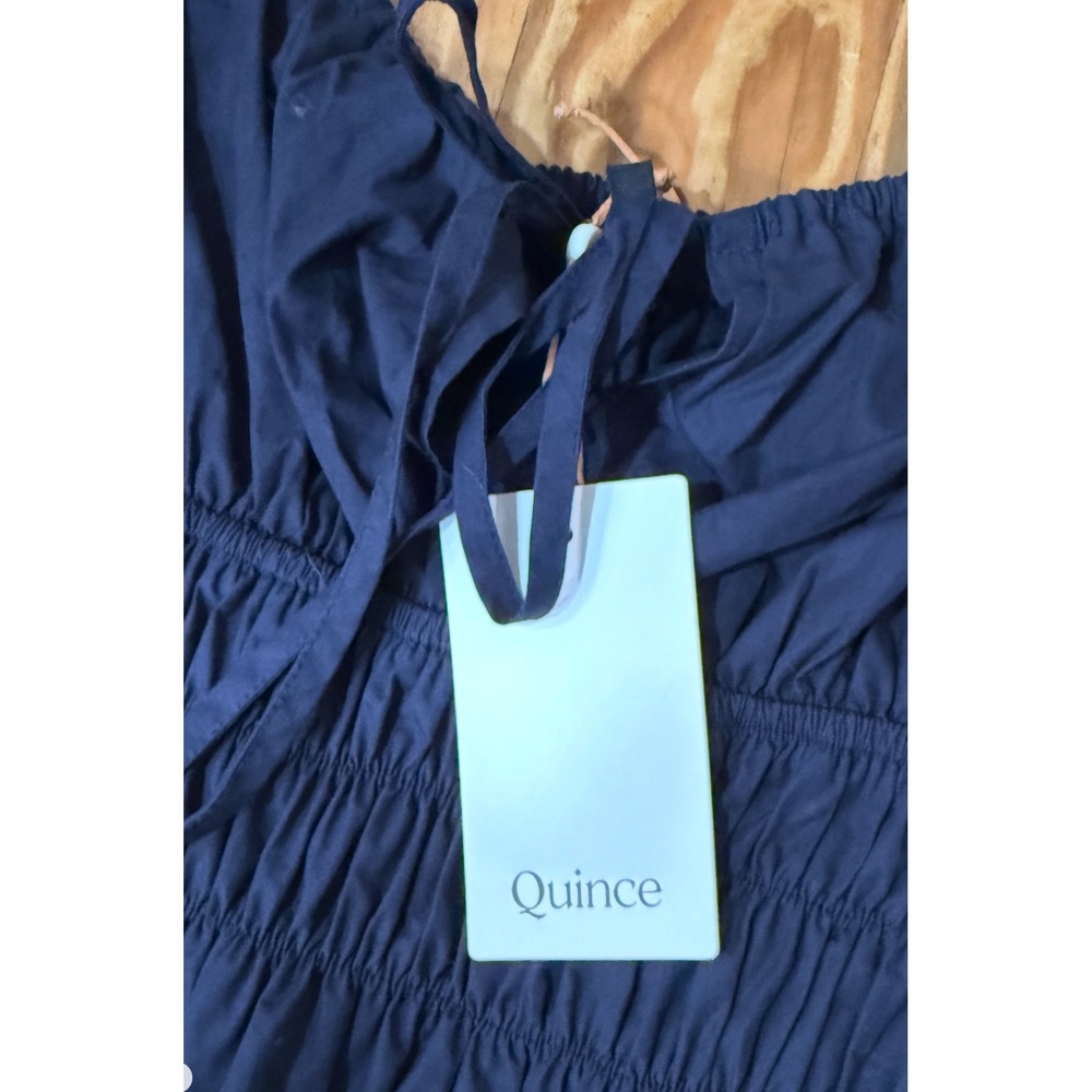 Quince Navy Blue 100% Organic Cotton Keyhole Midi Dress Smocked Waist Small NEW
